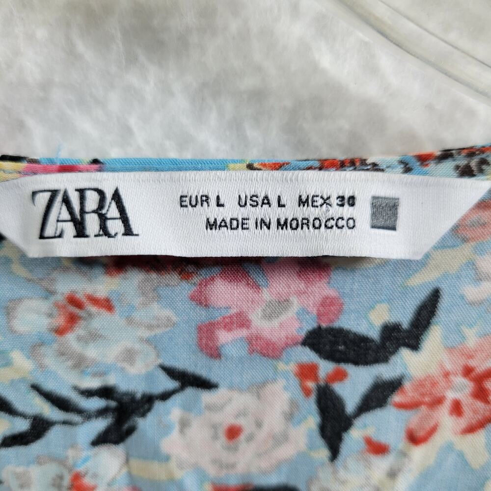 Zara Blue & Red Floral Midi Dress Short Sleeve Size L 4924-1134 - Picture 8 of 10